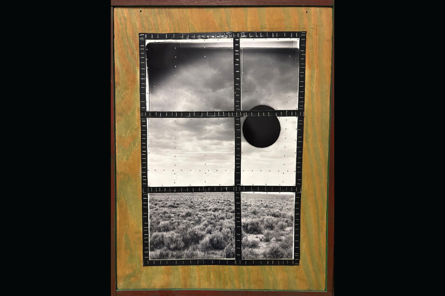131cm x 100cm mixed media assemblage, featuring a black and white photo of a landscape