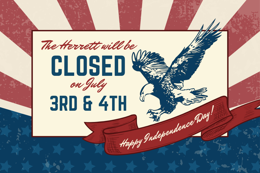 Image of a drawn eagle flying over the text that the Herrett Center will be closed on July 3rd and 4th