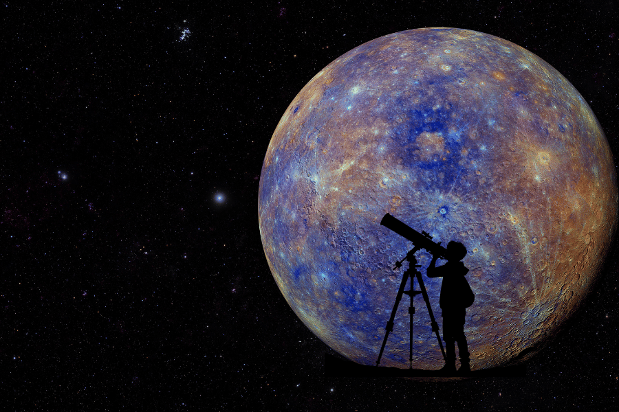 Image of Mercury with a shadow over it of a person looking through a telescope