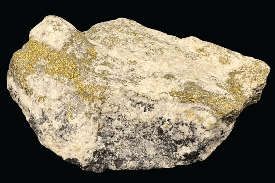 It is a milky quartz matrix with galena, silver, pyrite (fool’s gold), and gold