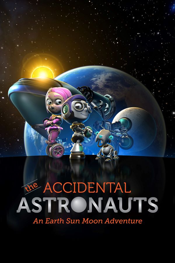 two kids and a dog standing in front of a spaceship